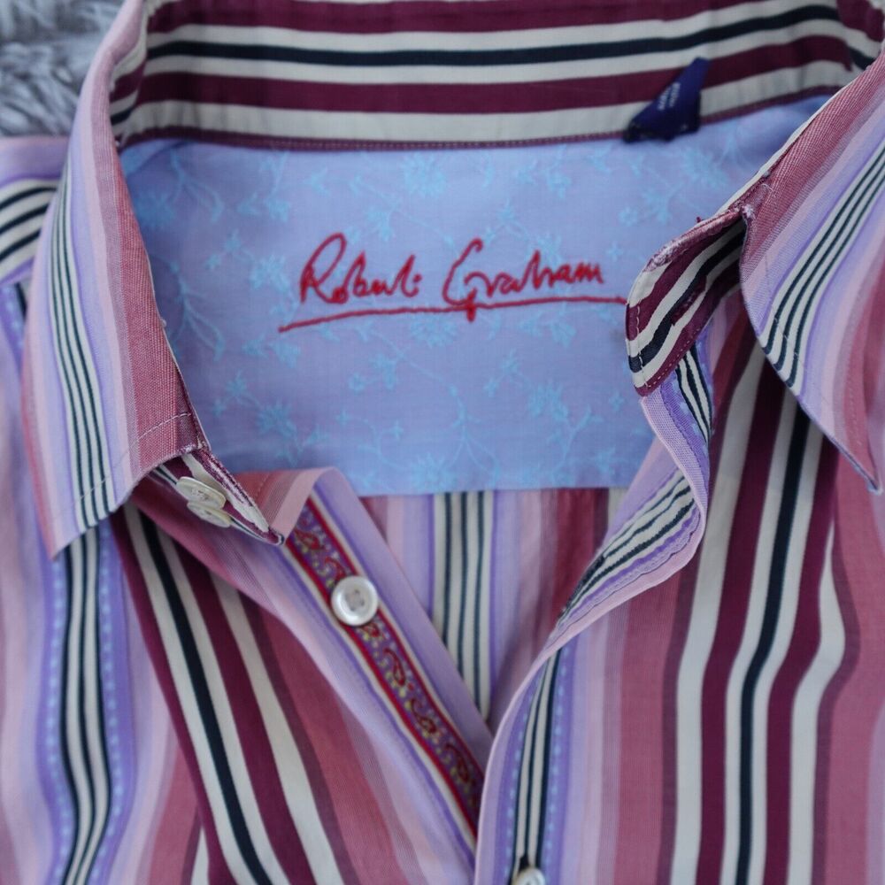 Robert Graham Shirt Men's XL Multicolor Striped Button Up Floral Flip Cuff - Picture 3 of 14